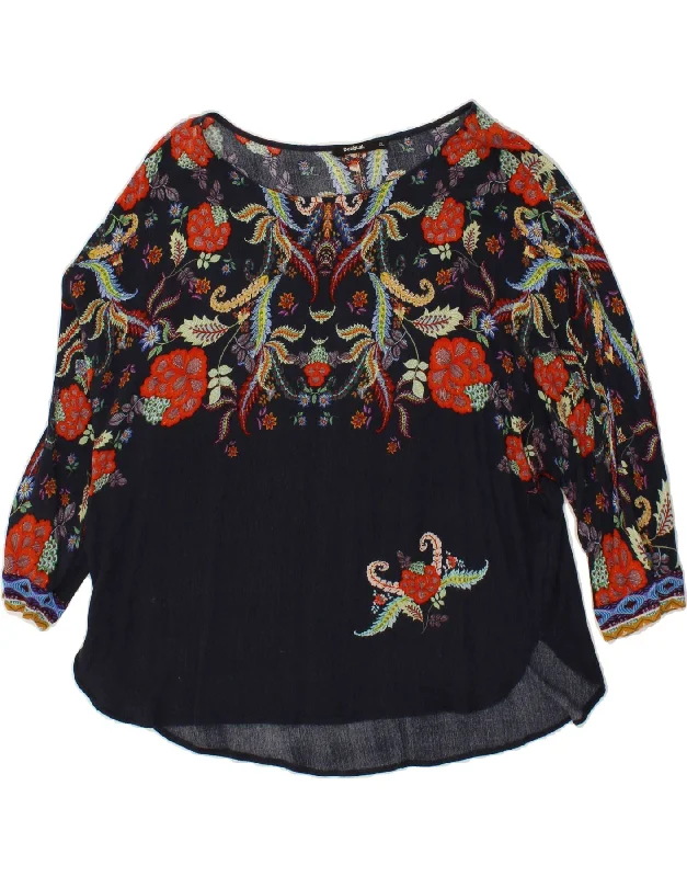 DESIGUAL Womens Blouse Top UK 18 XL Navy Blue Floral Viscose Off-Shoulder Wrap Blouse