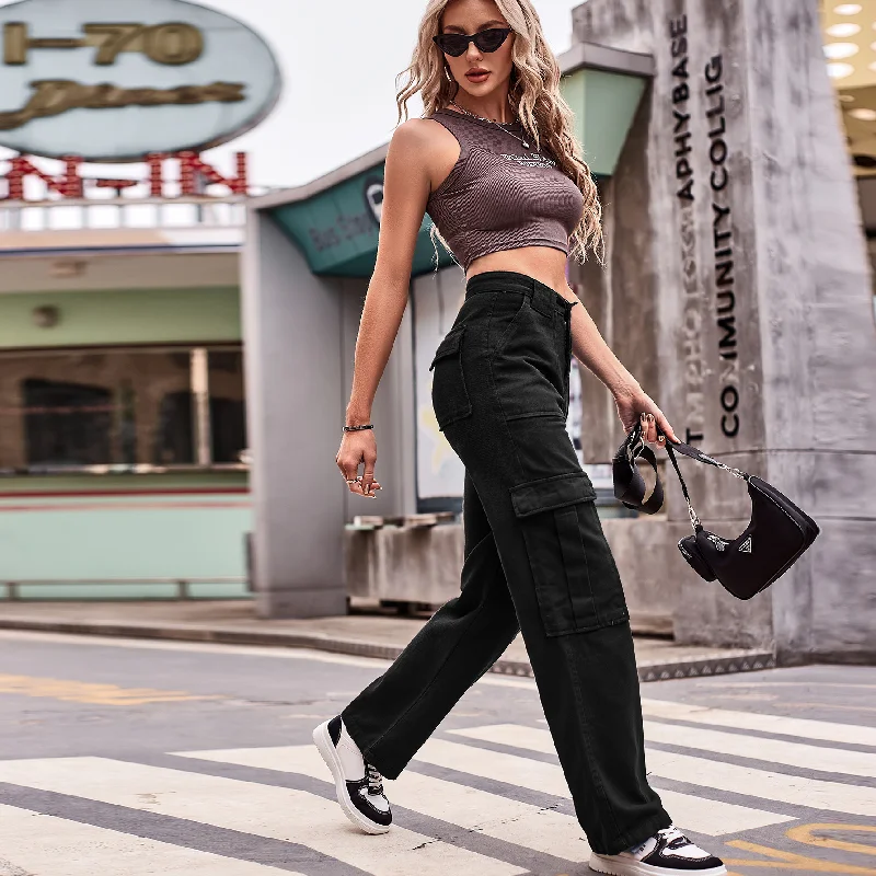 Fashion Women Street Style Multi Pocket Overalls Loose Casual Denim Pants Comfortable Cargo Pants