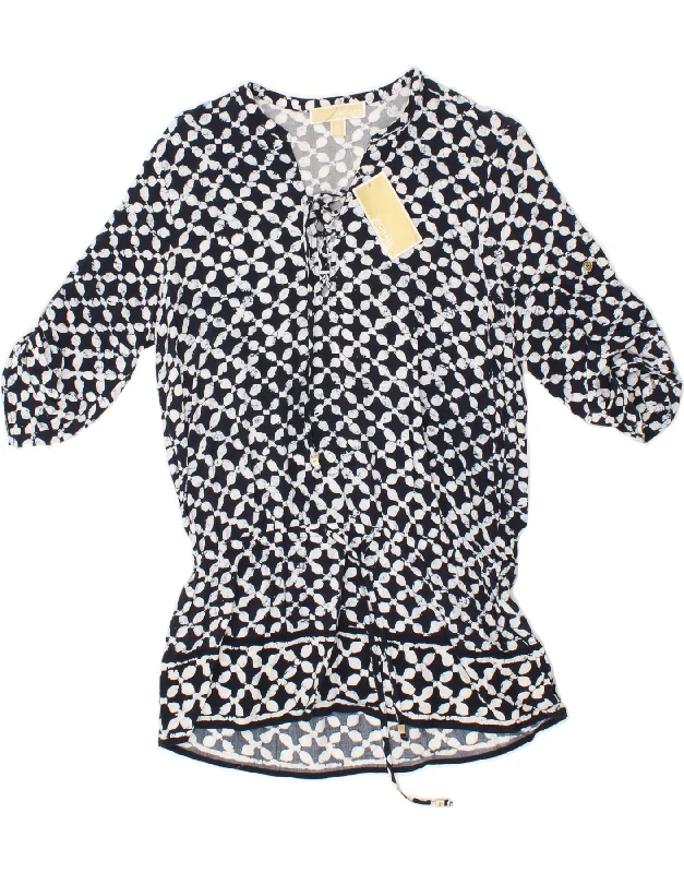 MICHAEL KORS Womens Abstract Pattern Blouse Top US 4 Small Navy Blue Elegant Silk Blouse