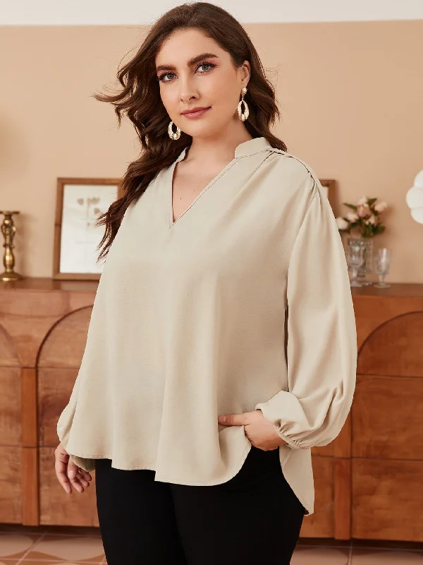 Shein - Plus Notched Neck Lantern Sleeve Blouse Embellished Collar Blouse