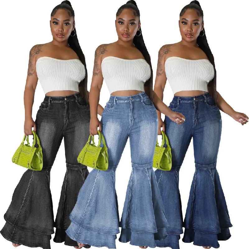 Wjczt fashion Fashionable All-Match Wide-Leg Washed Denim Stretch Flared Pants Stylish Harem Pants