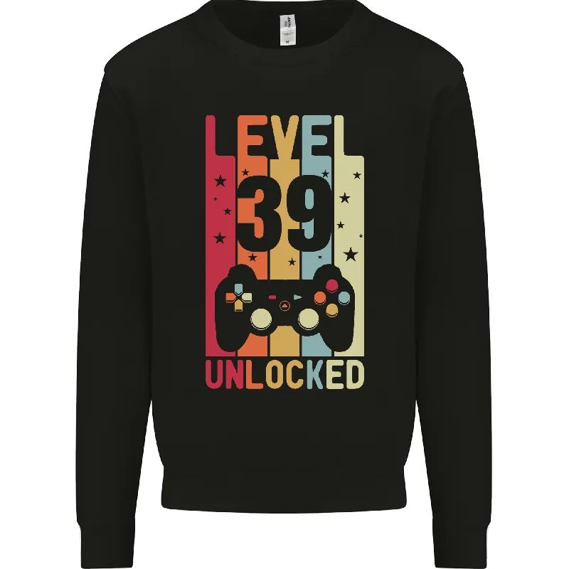 39th Birthday Gamer Level Up Sweatshirt - 39 Year Old Gaming Mens Jumper Hoodie with Stripes Bold Sporty