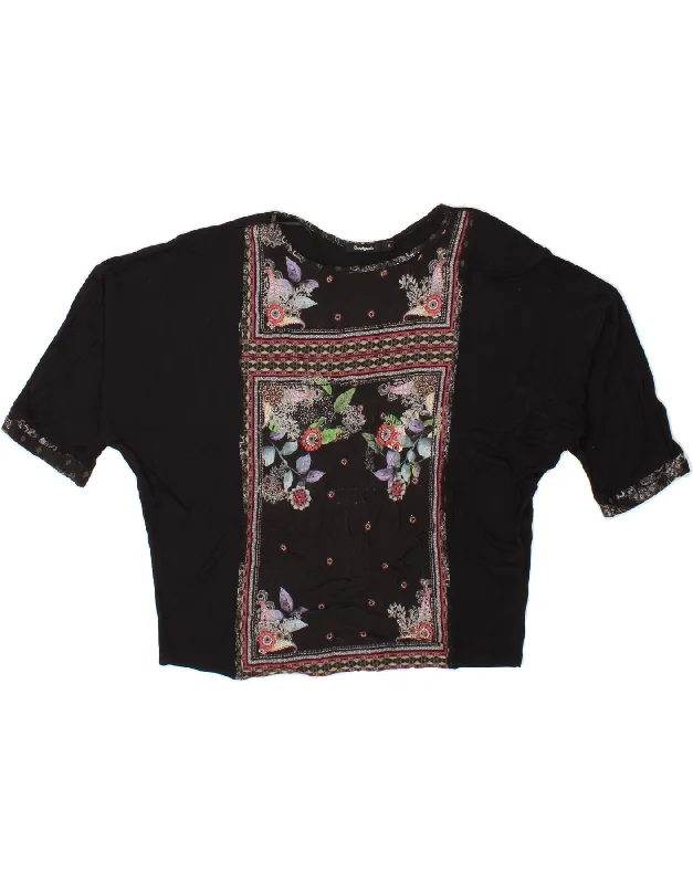 DESIGUAL Womens Batwing Crop Blouse Top UK 10 Small Black Floral Viscose Flowy Bohemian Blouse