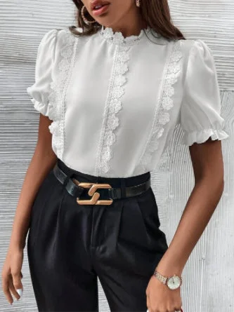 Shein -  Contrast Guipure Lace Puff Sleeve Blouse Balloon Sleeve Blouse