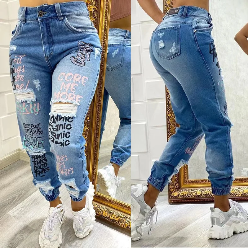 Women'S Fashion Casual Letter Printing Ripped Denim Pants Elegant Dress Pants