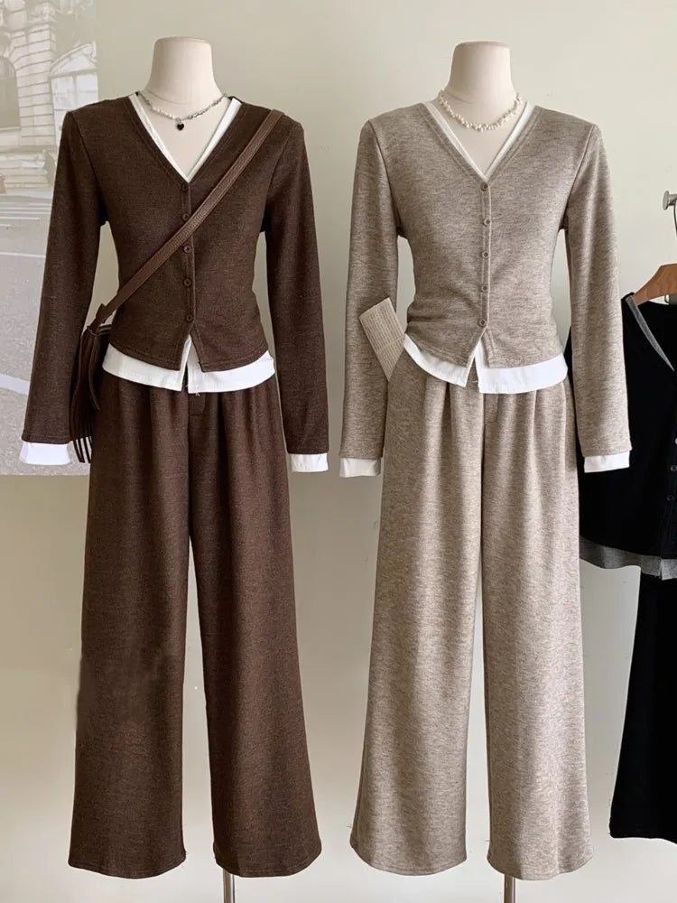 Wjczt Korean Style Knitted Pant Set 2 Piece Sets For Women V-Neck Fake Two Pieces Top Casual Pants Fashion Suit Spring Autumn New Comfortable Jogging Pants