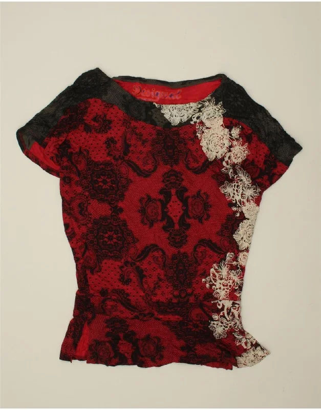 DESIGUAL Womens Blouse Top UK 16 Large Red Floral Viscose Short Sleeve Blouse