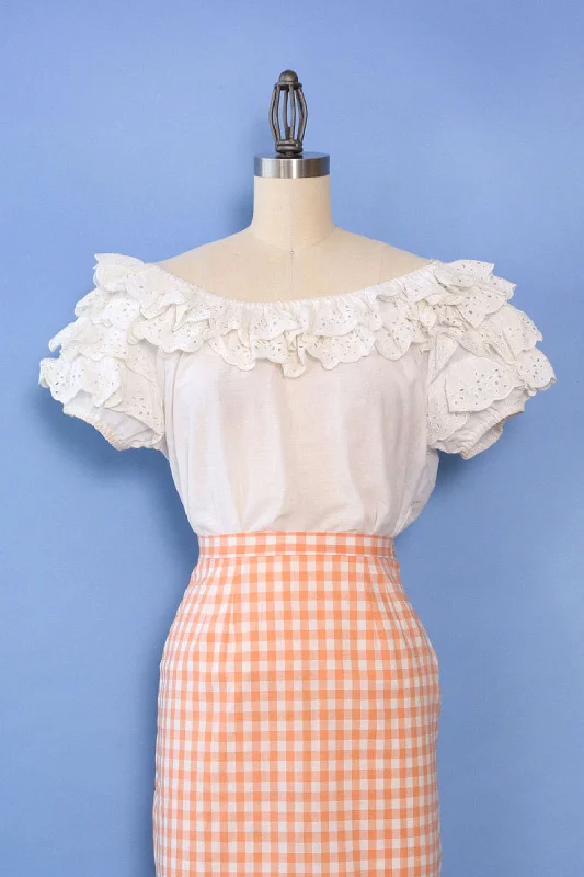 1950s Ruffled Eyelet Blouse S/M Airy Cotton Blouse