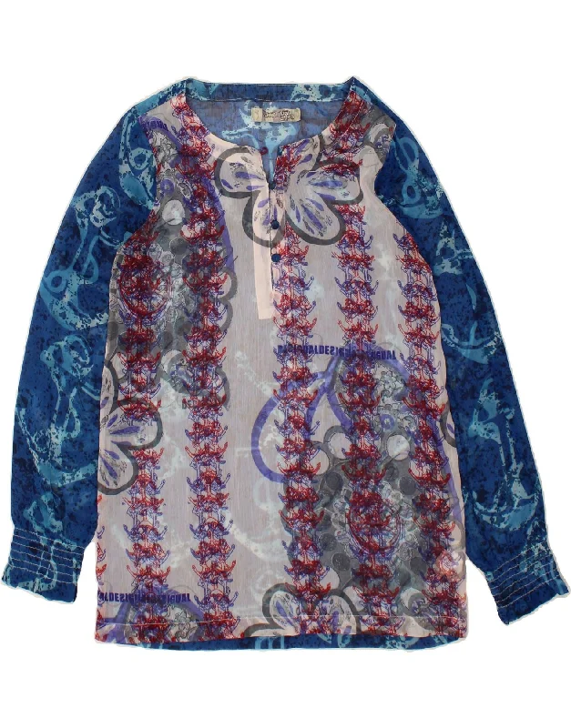 DESIGUAL Womens Long Sleeve Blouse Top UK 16 Large Blue Floral Polyester Bell Sleeve Blouse