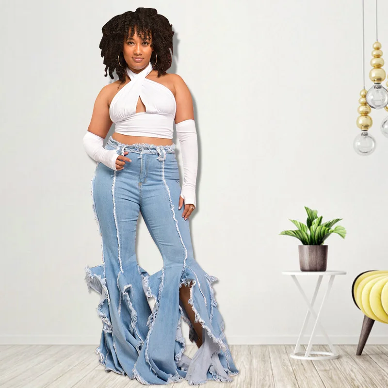 Women'S Fashion Casual Ripped Raw Edge Flared Denim Pants Chic Slim Fit Pants