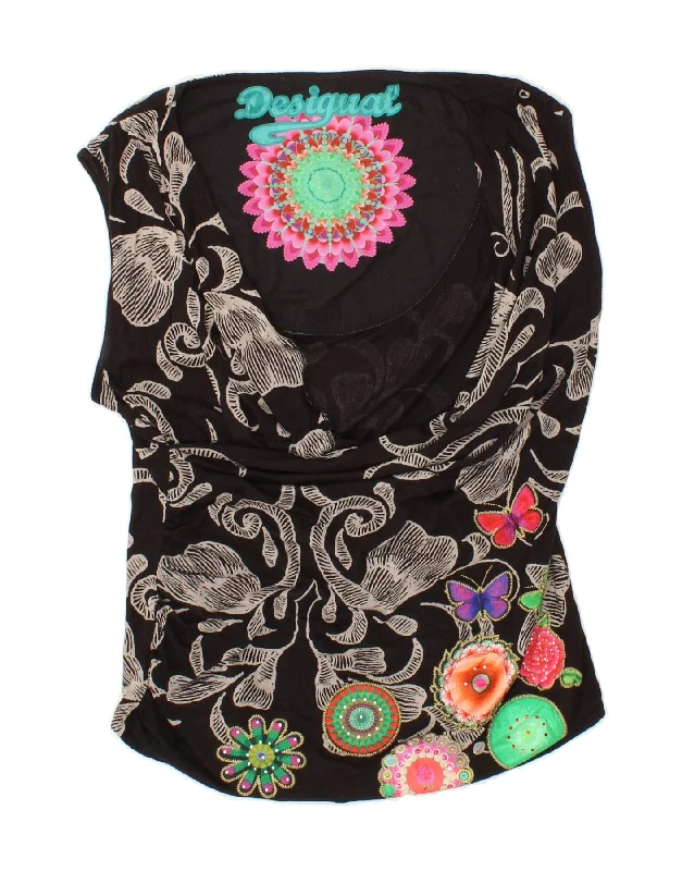 DESIGUAL Womens Graphic Blouse Top UK 18 XL Black Viscose Butterfly Stylish Wrap Blouse