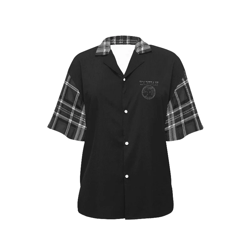 Yahuah-Tree of Life 02-04 + Digital Plaid 01-06A Ladies Designer Short Sleeve Button Up Blouse with Side Slits Smart Casual Blouse