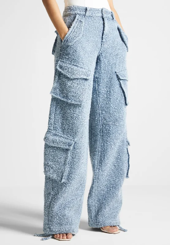 High Waisted Boucle Denim Cargo Pants - Mid Blue Relaxed Lounge Trousers