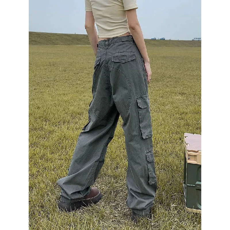 Wjczt grunge outfits American Retro Overalls Spring and Autumn New Washed Distressed Multi-Pocket Straight Loose Drawstring Adjustable Pants for Women Warm Wool Trousers