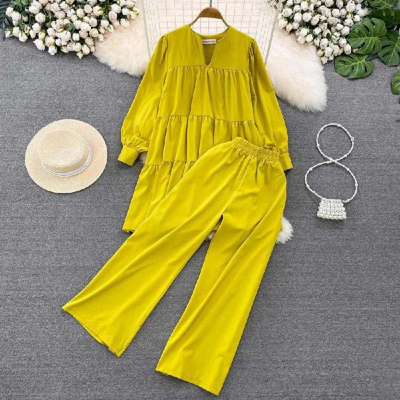 Wjczt outfit ideas for school Fashion Suit Women's Spring and Autumn Korean-Style Long-Sleeved V-neck Loose Pleated Top Two-Piece High Waist Slimming Wide-Leg Pants Casual Wide Pants
