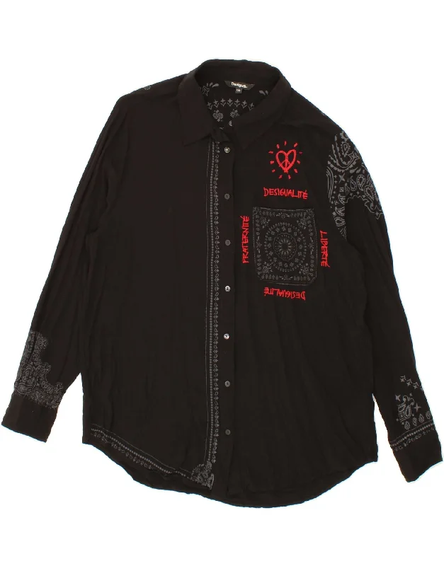 DESIGUAL Womens Graphic Shirt Blouse UK 20 2XL Black Paisley Viscose Embellished Collar Blouse