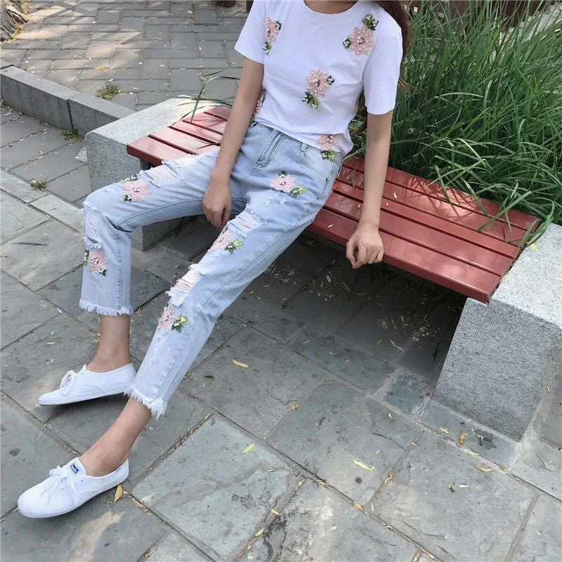 Wjczt hipster Heavy Industry Fashion Ripped Diamond Beaded Embroidered Denim Cropped Pants Female Students All-Match Slim Slimming Casual Pants Fashion Fashionable Work Pants