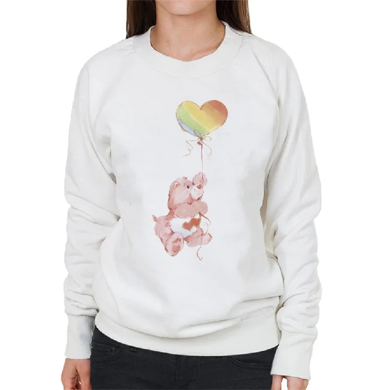 Care Bears Love A Lot Bear Holding On To Rainbow Balloon Women's Sweatshirt Hoodie with Hem Embroidery Detailed Premium