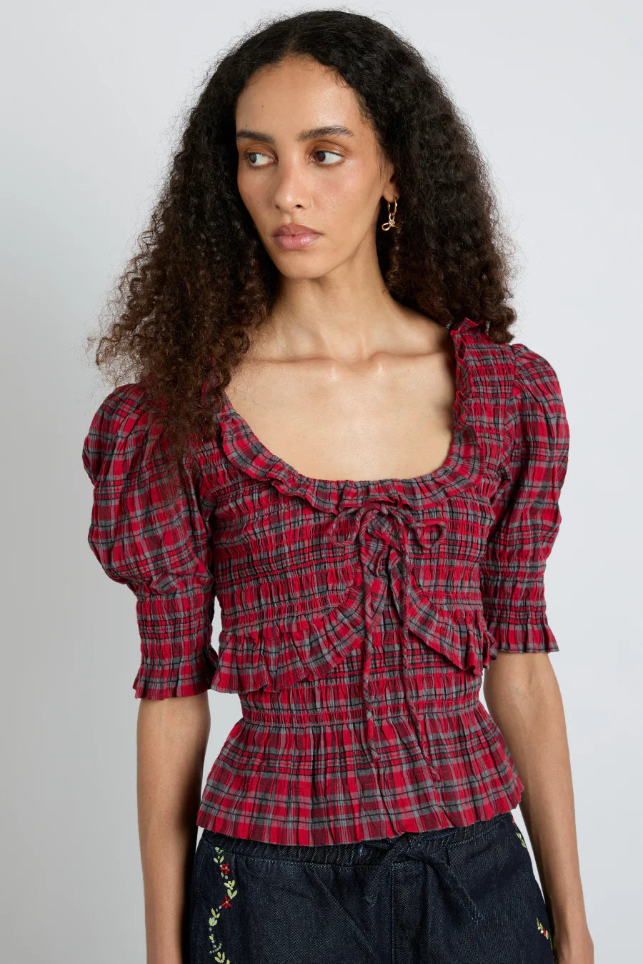 Meghan Blouse - Red Check Oversized Silk Blouse