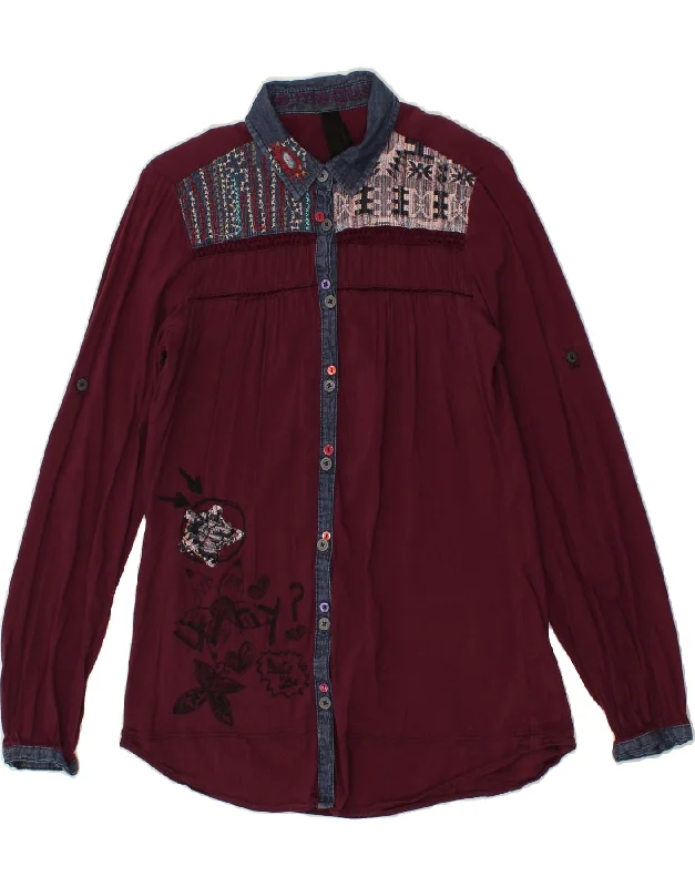 DESIGUAL Womens Shirt Blouse UK 6 XS Maroon Viscose Peter Pan Blouse