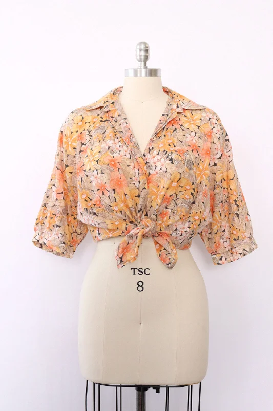 Peachy Floral Parrot Blouse M/L Elegant Semi-Sheer Blouse