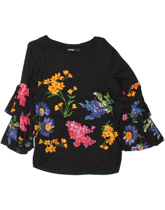 DESIGUAL Womens Graphic 3/4 Sleeve Blouse Top UK 14 Medium Black Floral Casual Relaxed Blouse