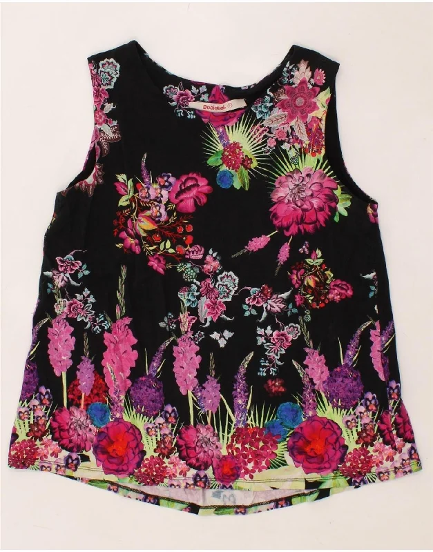 DESIGUAL Womens Sleeveless Blouse Top UK 10 Small Black Floral Viscose Relaxed Fit Blouse