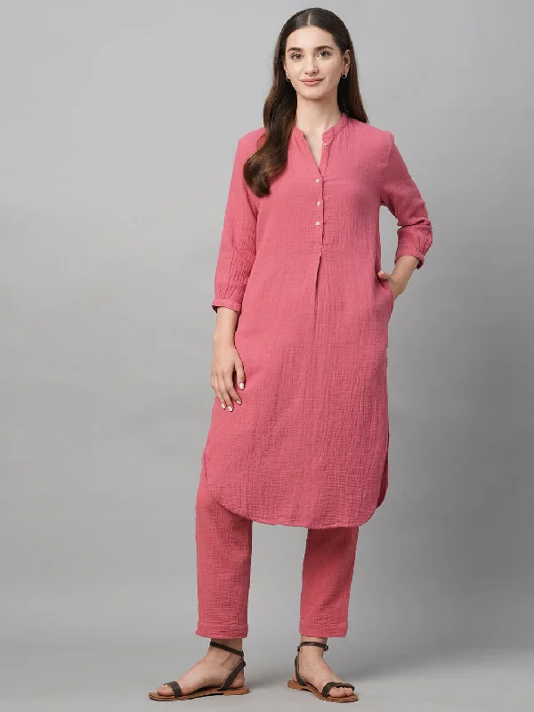Women's Pink Cotton Regular Fit Pant Fashionable Button-Up Pants