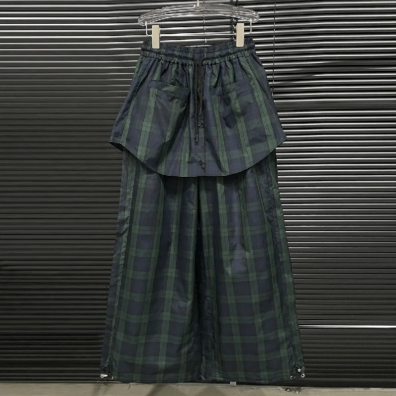 Wjczt 90s fashion Fall 2024 Cyan Plaid Stitching Fake Two-Piece Suit Pants Women's American Retro Structure Design Casual Pants Lightweight Linen Pants