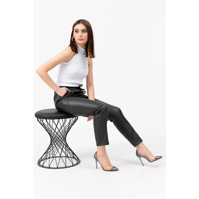 Faux Leather Dark Green Pants High-Waist Jogger Pants
