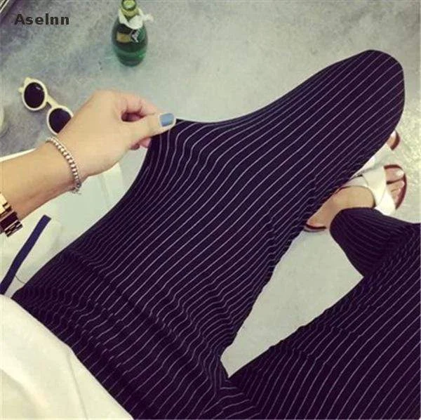 Women Striped Cotton Ankle Length Stretch Pants Trendy Tapered Pants