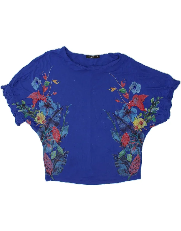 DESIGUAL Womens Blouse Top UK 14 Medium Blue Floral Viscose Ruffled Neck Blouse