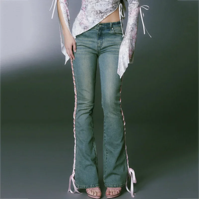 Women Fashion Sexy Side Slit Bandage Denim Pants Cozy Fitted Pants