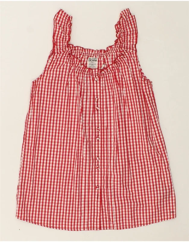 TOMMY HILFIGER Womens Sleeveless Shirt Blouse UK 14 Large Red Check Cotton Embellished Collar Blouse