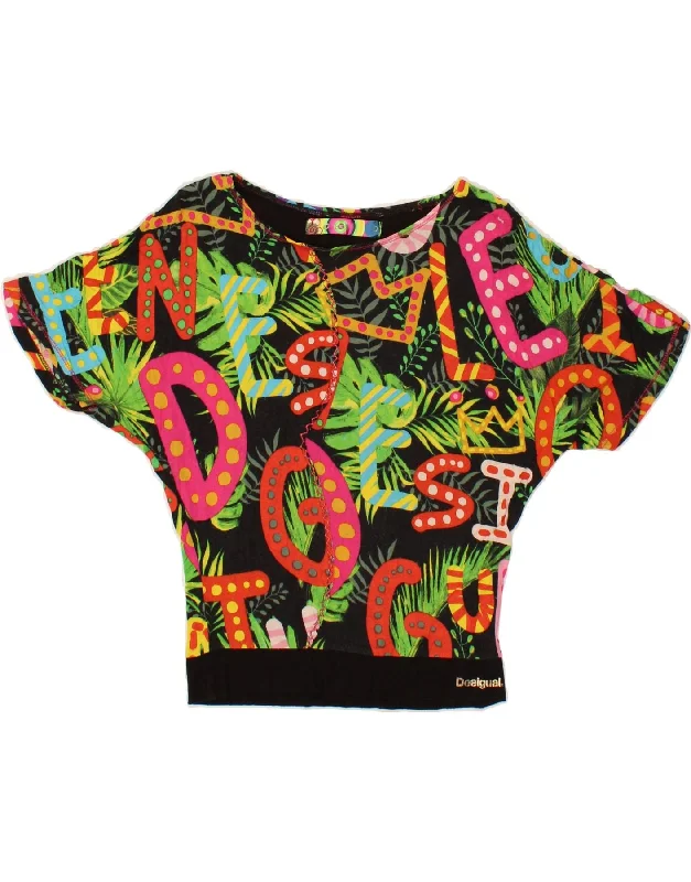 DESIGUAL Womens Crop Graphic Blouse Top UK 10 Small Black Side Tie Blouse