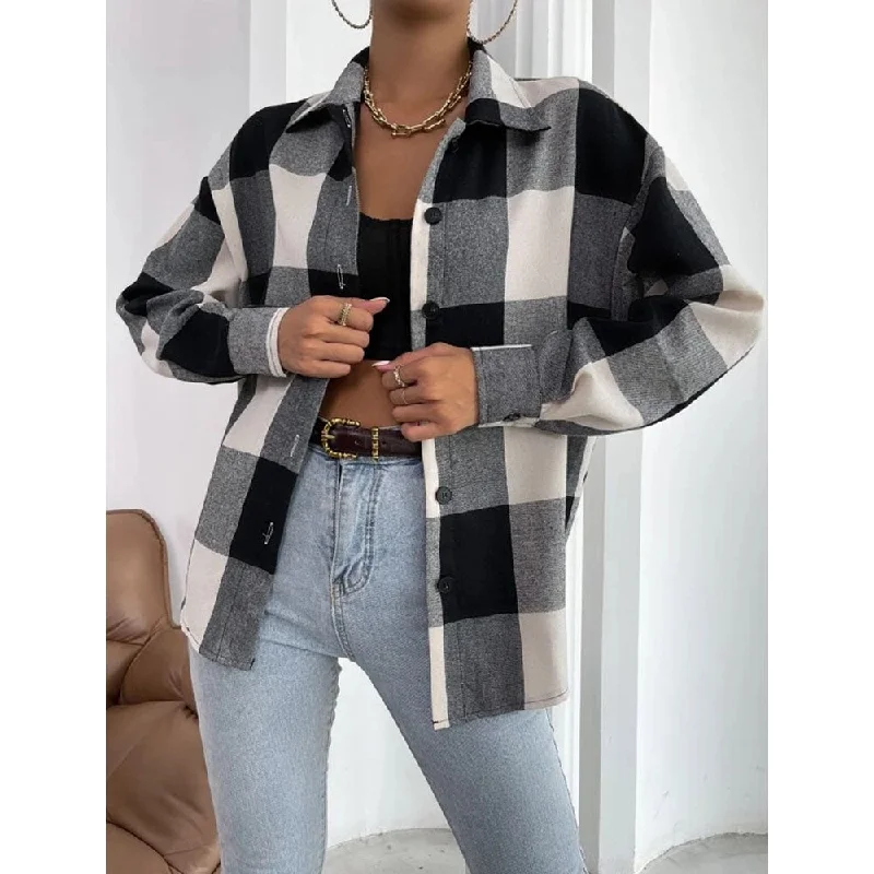 Shein - Buffalo Plaid Drop Shoulder Blouse Double-Layered Blouse