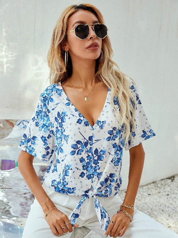 Shein- Floral Print Tie Hem Blouse Chic Off-Shoulder Blouse