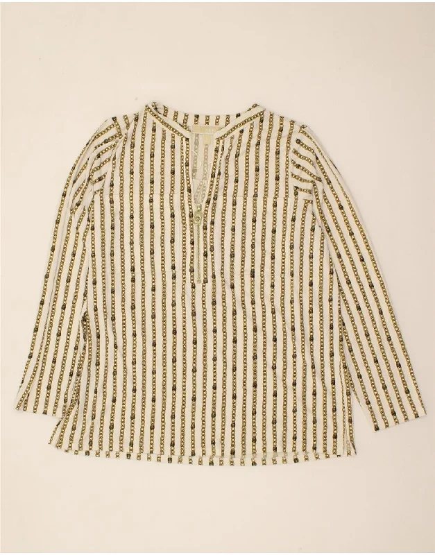 MICHAEL KORS Womens Long Sleeve Blouse Top UK 16 Large Beige Striped Chic Off-Shoulder Blouse