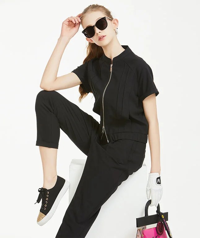 [SET SALE] Diane Pintuck Short Sleeve Blouson & Wide Banding Sammy Baggy Pants - Black Chic Faux Leather Pants