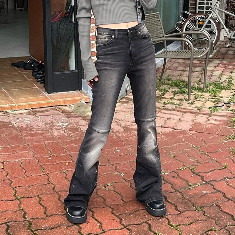 Women Fashion Casual Distressed Washed Flared Denim Pants Soft Stretch Trousers