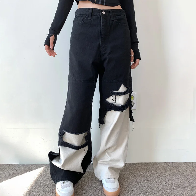 Women Fashion Casual Color Blocking Stitching Ripped Denim Pants Comfortable Denim Leggings
