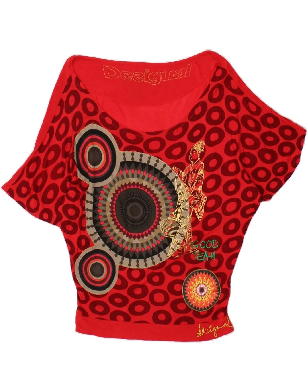 DESIGUAL Womens Graphic Batwing Blouse Top UK 14 Medium Red Floral Soft Knit Blouse