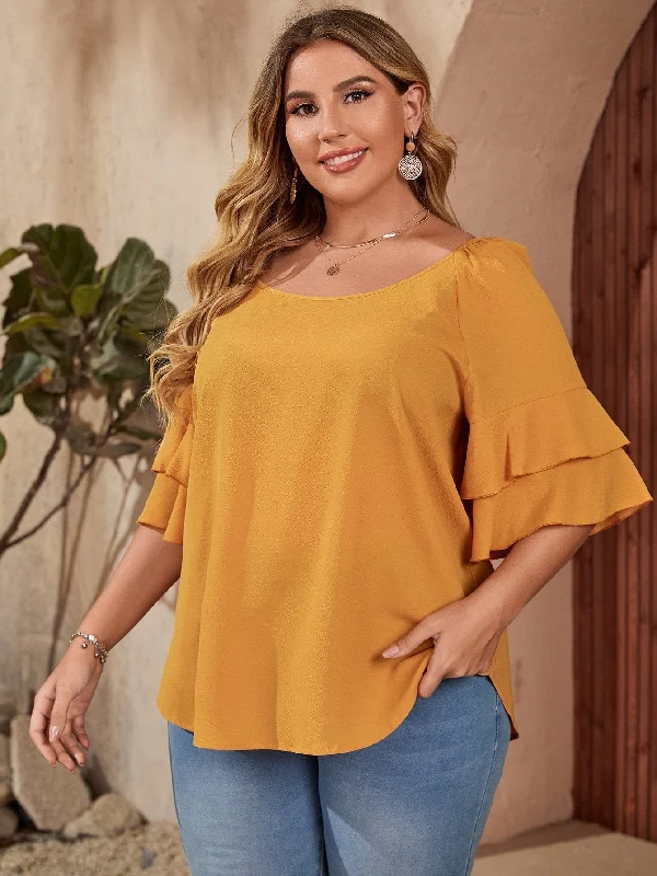 Shein - Plus Flounce Sleeve Solid Blouse Ruffled Neck Blouse