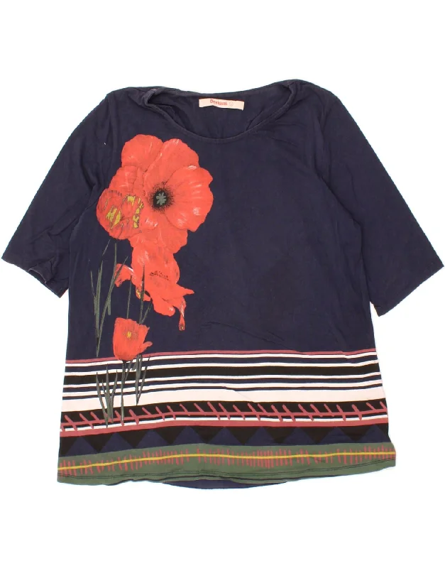 DESIGUAL Womens Graphic Blouse Top UK 16 Large Navy Blue Floral Cotton Casual Blouse