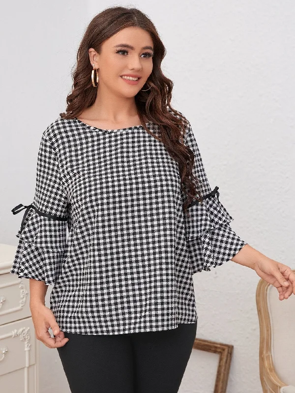 Shein - Plus Gingham Tie Side Layered Flounce Sleeve Blouse Pleated Collar Blouse