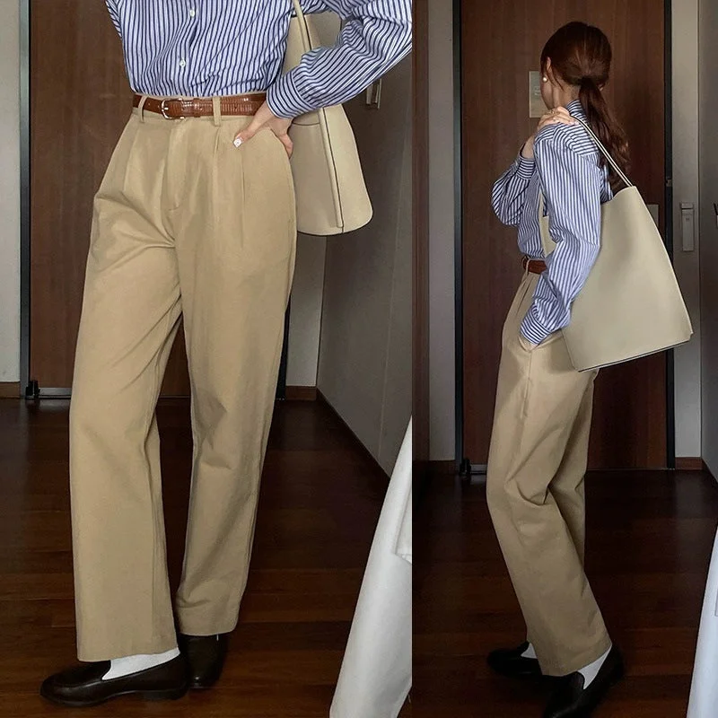 Wjczt non binary outfits French Retro Khaki Straight Suit Pants Women's Spring and Summer High Waist Korean Style Slimming Cover Casual Cotton Long Pants Warm Wool Trousers