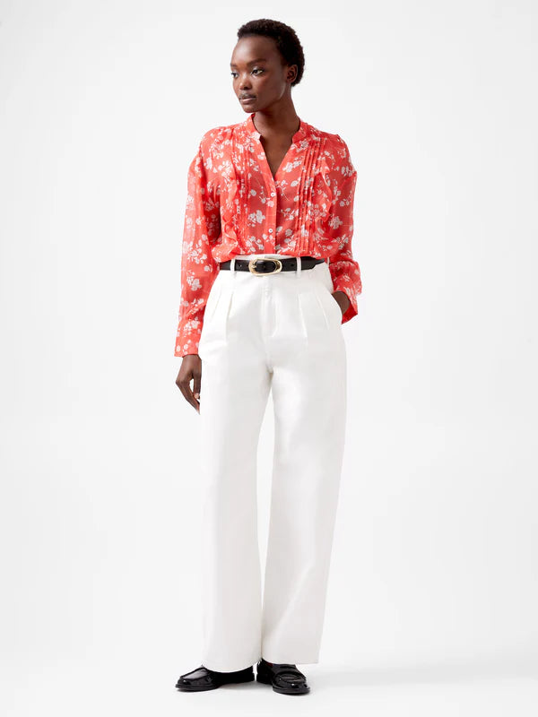 French Connection Alessandra Hallie Crinkle Blouse-Cayenne Red/White-72XBA Double-Layered Blouse