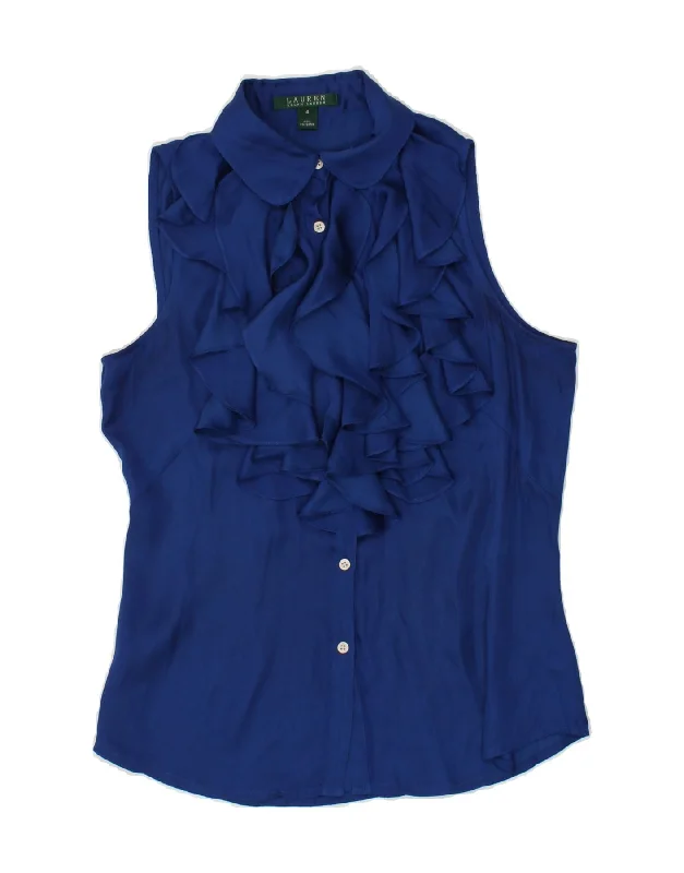 RALPH LAUREN Womens Sleeveless Shirt Blouse US 4 Small Navy Blue Sleeveless Chiffon Blouse