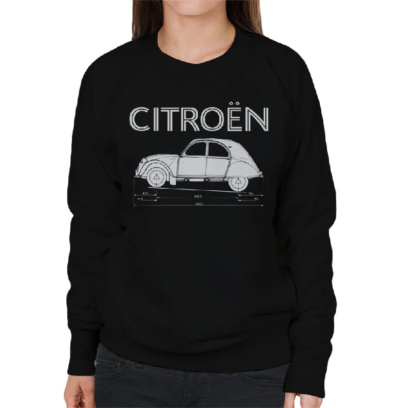 Citroën 2CV Dimensions White Diagram Women's Sweatshirt Hoodie with Side Slits Relaxed Casual