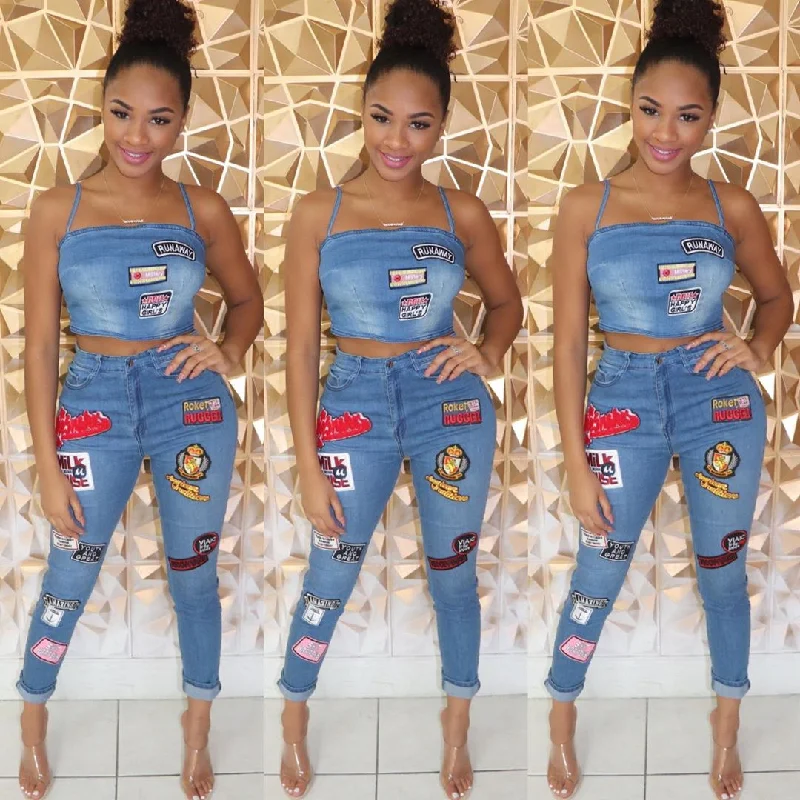 Sexy Sling Tube Top And Pants Patch Design Denim Two Piece Sets Comfy High-Waist Jeans